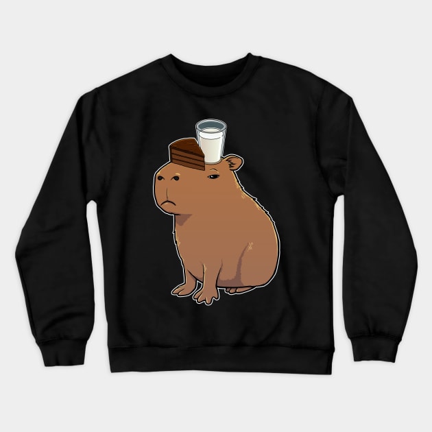 Capybara with Chocolate Cake with Milk on its head Crewneck Sweatshirt by capydays